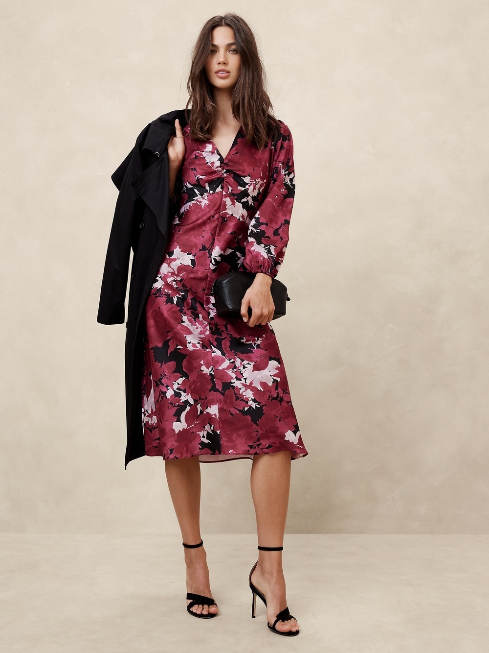 Banana Republic Factory Burgundy Floral Satin Midi Dress